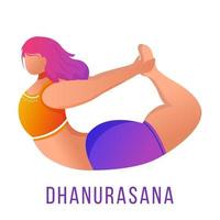 Ilustración de vector plano dhanurasana. pose de arco. mujer caucásica haciendo yoga en ropa deportiva naranja y morada. entrenamiento, fitness. ejercicio físico. personaje de dibujos animados aislado sobre fondo blanco