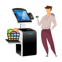 Man with store terminal flat color vector faceless character. Contactless payment machine isolated cartoon illustration on white background. Supermarket self service kiosk with interactive interface