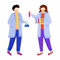 Scientists in lab coats flat vector illustration. Studying medicine, chemistry. Conducting experiment. Chemists with test tubes, laboratory flask isolated cartoon characters on white background