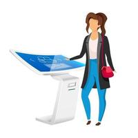 Woman near electronic signage panel flat color vector faceless character. Innovative information board isolated cartoon illustration on white background. Product production kiosk with touchscreen