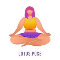 Ilustración de vector plano de pose de loto. padmasana. mujer caucásica haciendo yoga en ropa deportiva naranja y morada. entrenamiento, fitness. ejercicio físico. personaje de dibujos animados aislado sobre fondo blanco