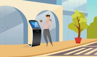 Automated teller machine flat color vector illustration. Smiling man near cash kiosk cartoon character with street on background. Financial transaction software. Self service electronic equipment