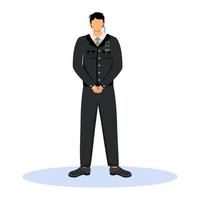 Security guard flat color vector illustration. Hotel staff wearing uniform standing with clenched hands. Bodyguard with radio communication. Bouncer isolated cartoon character on white background