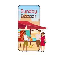 Pantalla de aplicación de vector de teléfono inteligente de dibujos animados de Sunday Bazaar. zoco árabe. souvenirs egipcios para turistas. Pantalla de teléfono móvil con maqueta de diseño de personajes planos. interfaz de teléfono de la aplicación del mercado de pulgas