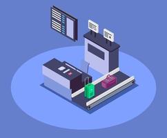 Ilustración de vector de color isométrico de mostrador de facturación del aeropuerto. concepto 3d de la recepción de la compañía aérea aislado en el fondo azul. mostrador de registro y cinta transportadora con equipaje de pasajeros