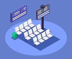 Airport departure area isometric color vector illustration. Airline terminal, waiting hall 3d concept isolated on blue background. Passengers lounge zone with empty seats and timetable