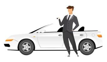 hombre de negocios de pie junto a un coche color plano vector personaje sin rostro. Hombre sonriente sosteniendo las llaves del nuevo cabriolet aislado ilustración de dibujos animados para diseño gráfico web y animación. vendedor de autos sonriente