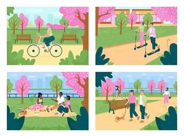 Recreation in spring park flat color vector illustration set