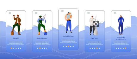 Maritime professions onboarding mobile app screen vector template. Captain and fisherman. Womens costumes. Walkthrough website steps, flat characters. UX, UI, GUI smartphone cartoon interface concept