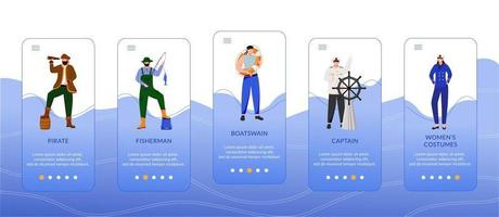 Profesiones marítimas incorporación de plantilla de vector de pantalla de aplicación móvil. capitán y pescador. disfraces de mujer. paso a paso del sitio web, caracteres planos. concepto de interfaz de dibujos animados de smartphone ux, ui, gui