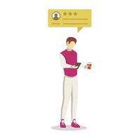 Man with review bubble semi flat RGB color vector illustration. User experience. Consumer feedback. Client satisfaction. Quality evaluation. Coffee shop rating. Isolated cartoon character on white