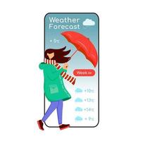 pantalla de aplicación de vector de teléfono inteligente de dibujos animados de pronóstico del tiempo. pantalla de teléfono móvil, maqueta de personaje plano. mujer caucásica en impermeable. mujer con paraguas. interfaz telefónica de aplicación de meteorología