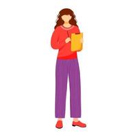 Girl with clipboard and pen flat vector illustration. Writing down lecture details. Documenting and describing. Woman with written notes isolated cartoon character on white background