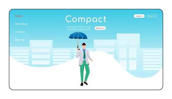 Compact umbrella landing page flat color vector template. Man in jacket homepage layout. Wet day one page website interface, cartoon character. Fashionable male web banner, webpage