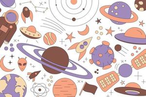 Modern pattern of planet star comet with different rockets Universe line drawings Cosmos vector