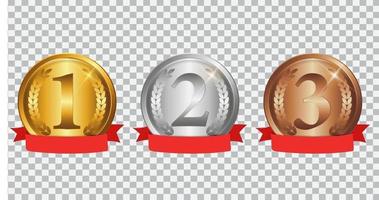 Champion Gold, Silver and Bronze Medal with Red Ribbon. Icon Sign of First, Second  and Third Place Isolated on Transparent Background. Vector Illustration