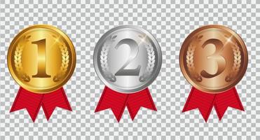 Champion Gold, Silver and Bronze Medal with Red Ribbon. Icon Sign of First, Second  and Third Place Isolated on Transparent Background. Vector Illustration