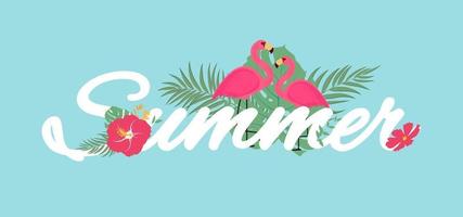 Abstract Tropical Summer Background with Flamingo and Palm Leaves. Vector Illustration