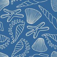 Blue seamless background with silhouettes of ocean shells and starfish vector