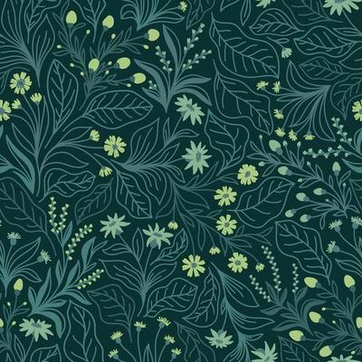 Emerald seamless background with green flowers and leaves