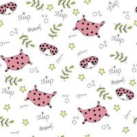 Cartoon style doodle seamless vector pattern of pillows and sleep masks