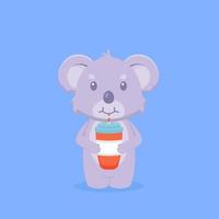 lindo koala beber café dibujos animados vector