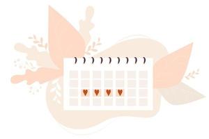 Womens monthly menstruation calendar on a decorative background of leaves. Vector illustration. Menstruation and female health concept