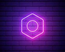 Glowing neon line Hexagonal metal nut icon isolated on brick wall background. Vector Illustration