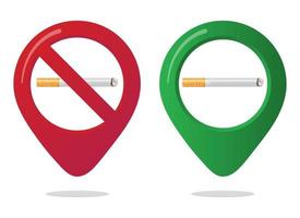 No smoking and smoking area marker map pin icon sign set with flat design gradient styled cigarette in the forbidden red circle. Symbol of the smoking area in the map apps isolated on white background vector