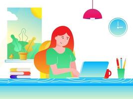 Freelance female girl businesswoman relaxing working on laptop at the home office. Woman, notebook, desk, books, pen, pencil, lamp, cup of coffee, window, clock flat style vector illustration isolated