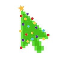 Computer mouse cursor arrow pointer like green christmas tree with balls and star. Merry Christmas and Happy New Year to you Flat style design vector illustration isolated on white background.