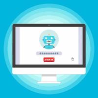 Monitor or All in one pc flat design with sign in form and fake chat bot icon on the screen vector illustration. Technology concept of online sign in and writing password isolated on background.