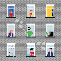 Varias personas en sus ventanas detrás de la ilustración de vector de estilo plano de personajes de pared de ladrillo. vecinos como es que viven en apartamentos y hacen sus obras cerca del alféizar de la ventana de patrones sin fisuras