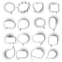 16 Speech bubbles flat style design halftone shape without texts hand drawn comic cartoon style set vector illustration isolated on white background. Round, cloud, square, heart, rectangle shapes etc