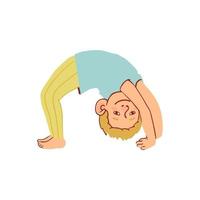 Vector colorful illustration of little boy doing gymnastic exercises isolated on white background