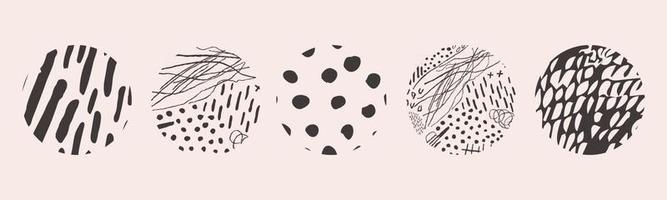 Vector hand drawn set with round isolated abstract black patterns or backgrounds. Various doodle shapes for highlight covers, posters, social media Icons templates.