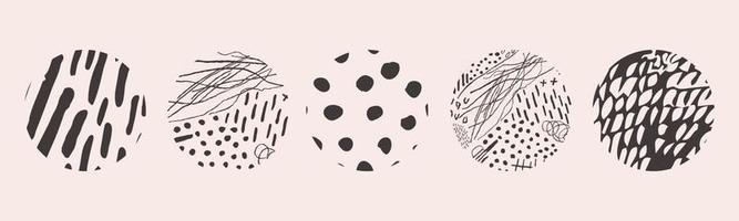 Vector hand drawn set with round isolated abstract black patterns or backgrounds. Various doodle shapes for highlight covers, posters, social media Icons templates.