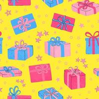 Vector modern seamless pattern with colorful hand draw illustration of christmas gifts. For wallpaper, textile print, pattern fills, web page, surface textures, wrapping paper, design of presentation