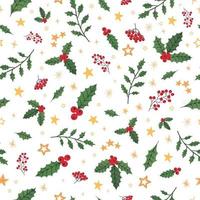 Vector modern seamless pattern with colorful hand draw illustration of Christmas decorations holly. Wallpaper, textile print, fills, web page, surface textures, wrapping paper, design of presentation