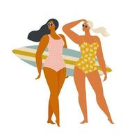 dos niñas surfistas felices caminando con tablas en la playa de arena hermosas mujeres jóvenes en la playa. verano activo. estilo de vida saludable. surf. vacaciones de verano. ilustración vectorial plana. vector