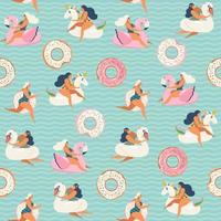 Flamingo, unicorn, swan and sweet donut inflatable swimming pool floats. Vector seamless pattern.