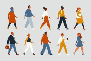 multitud de hombres y mujeres jóvenes y ancianos con ropa de moda hipster. el diverso grupo de personas con estilo que van juntas. sociedad, diversidad social, carrera. ilustración vectorial de dibujos animados plana. vector