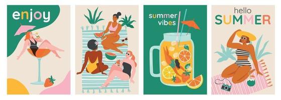 Top view of a summer background. Summer swimming, swimming, diving in a huge glass of cocktail or smoothie. Women relaxing at the beach. Vector cards, poster design illustration.