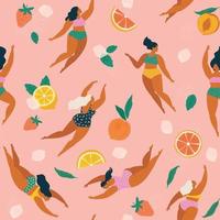 Girls in swimsuits diving and swimming in refreshing fruit lemonade with ice cubes seamless pattern.