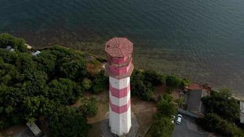 Flying around the lighthouse on the seashore Aerial shot