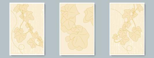 Botanical Wall Art Vector Poster One Clor Set. Minimalist Branch with Shadow, Contour and Texture Background