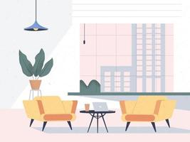 Modern interior Office Room and Cityscape. Coworking office with a city view. vector