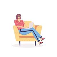 Cute young woman sitting on comfy chair with laptop computer. vector