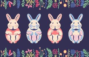 ute flat rabbits and pastel bunnies with hand drawn floral elements vector