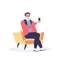 Young man sitting in a comfortable chair and takes a selfie using smartphone gadget. Modern guy with mobile phone. Flat Cartoon vector illustration isolated on background.